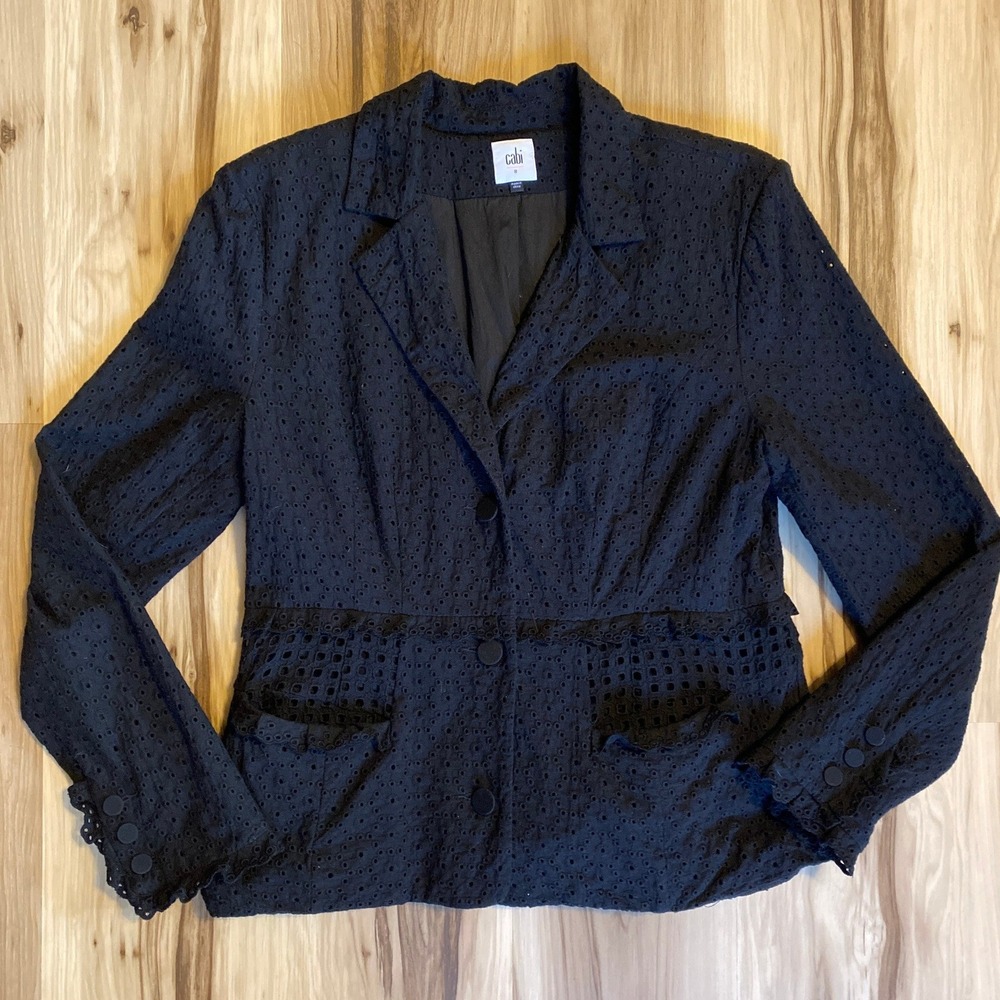 Cabi Black‎ Eyelet Embroidered Cotton Blazer Jacket Ruffle Trim Womens 8